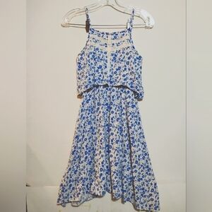 PLACE Floral Blue White Kids Layers Lace Sleeveless Striped Adjust Dress XL-14